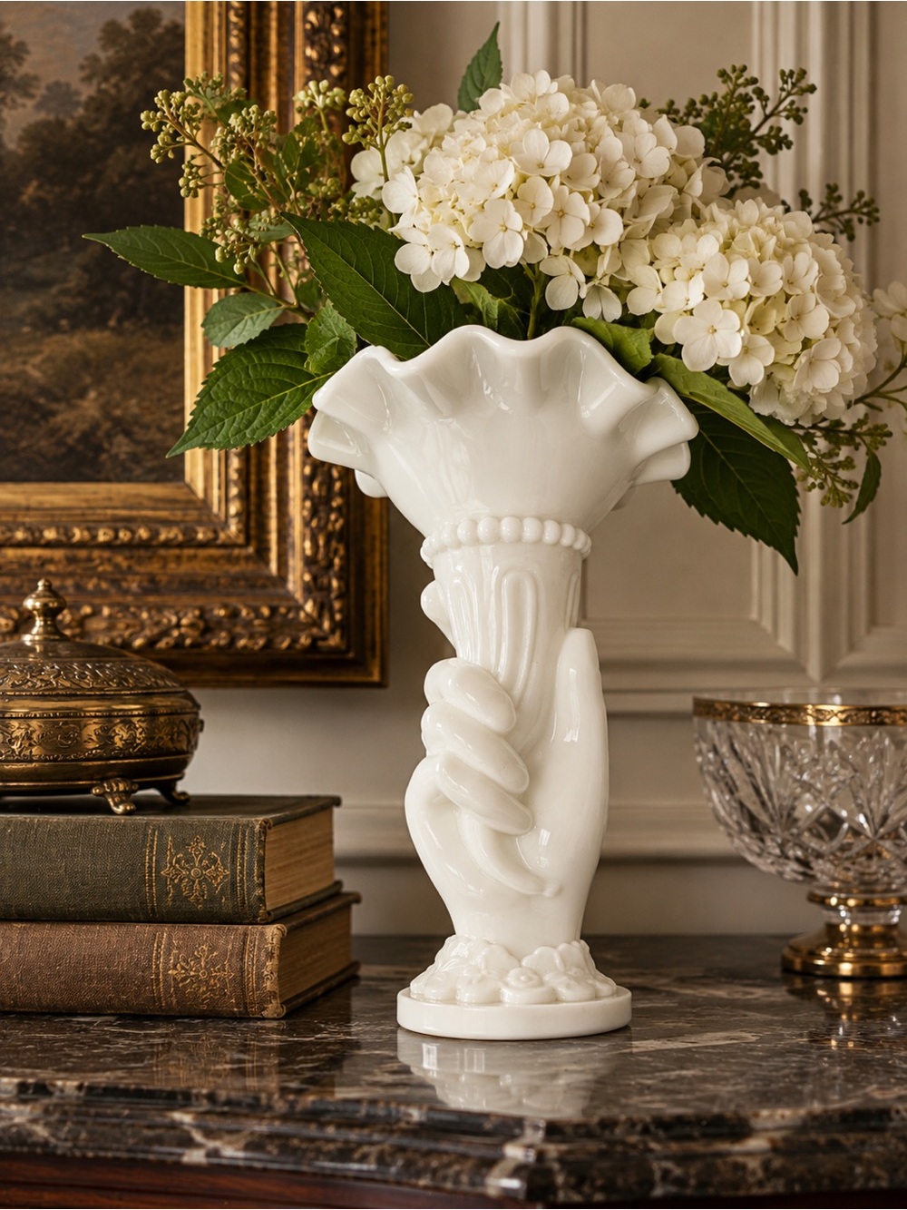 Vintage Westmoreland Milk Glass Hand Cornucopia Vase | 8”